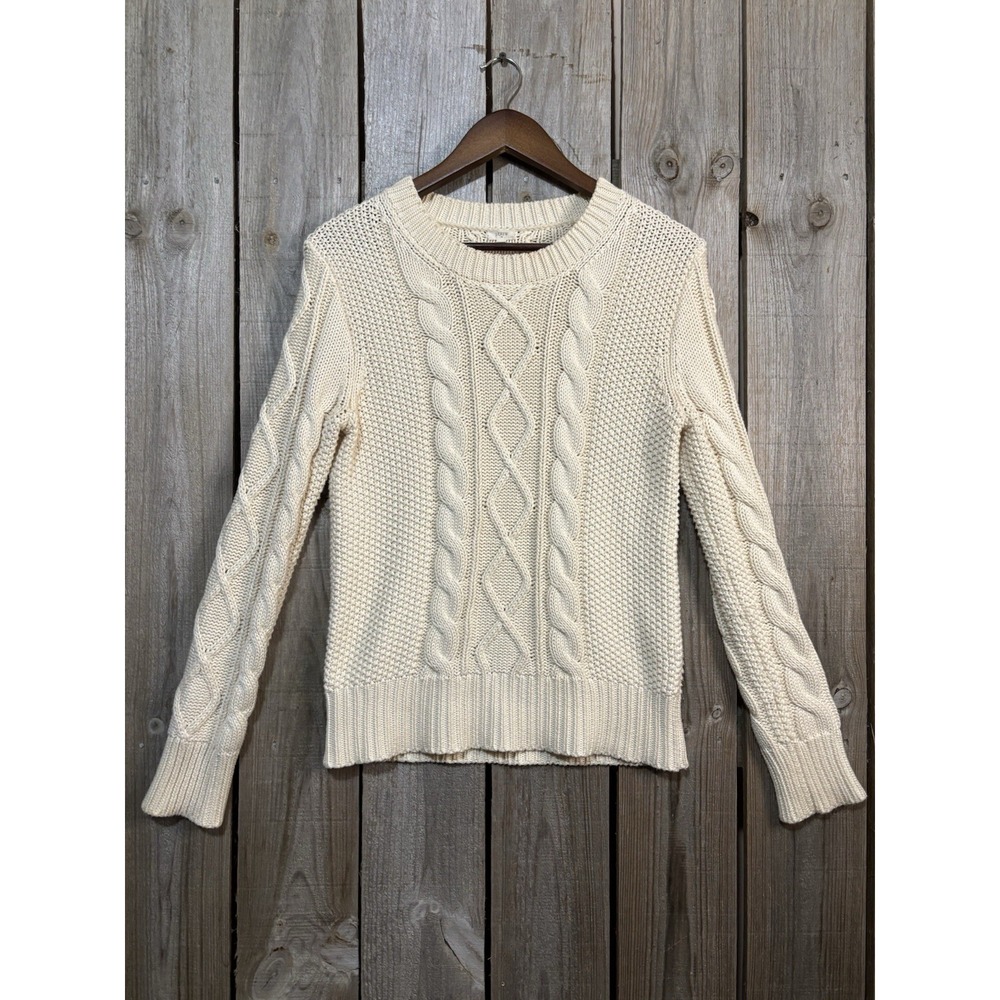 J.Crew Cable Knit Sweater Women's Small Cream‎ 100% Cotton Raglan